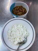 A bowl of rice and a spoon of meat on a table photo