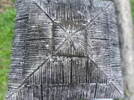 A close up of a wooden box with a square pattern photo