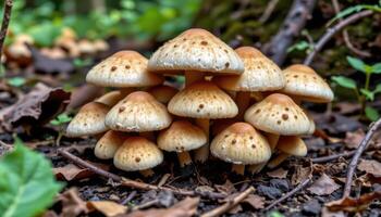close up view of a cluster of speckled mushrooms growing in a shaded corner of the forest. photo
