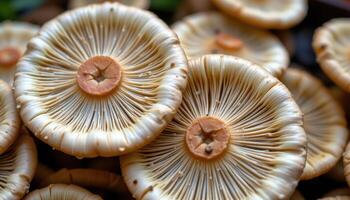 close up view of mushrooms with caps split from moisture, showing delicate gills. photo