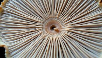 close up view of mushroom gills forming intricate radial patterns beneath wide caps. photo