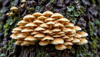 close up view of golden mushrooms growing in dense clusters on the side of a tree trunk wrapped in ivy and lichens. photo
