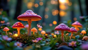 close up view of whimsical mushrooms glowing faintly in a magical forest at twilight. photo