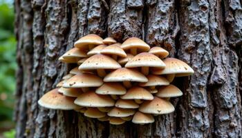 close up view of mushrooms growing like shingles up the trunk of a massive, ancient oak. photo