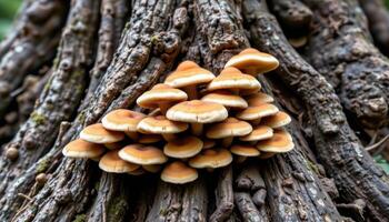 close up view of fungi sprouting in perfect symmetry on an ancient tree's gnarled roots. photo