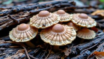 close up view of mushrooms with ribbed caps and scalloped edges thriving beneath layers of fallen bark. photo