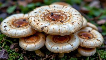 close up view of mushrooms whose caps resemble polished stones, smooth and multicolored. photo
