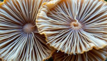 close up view of mushrooms with web like filaments stretching across their gills. photo
