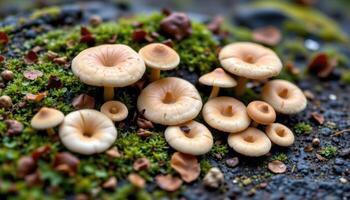close up view of mushrooms and moss forming a natural tapestry on a damp rock. photo