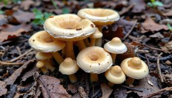 close up view of mushrooms in all stages of growth surrounded by decaying plant matter. photo