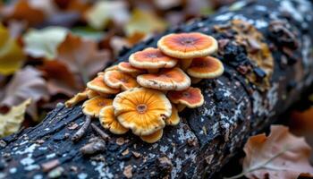 close up view of colorful fungi on a fallen birch log, surrounded by curling autumn leaves. photo
