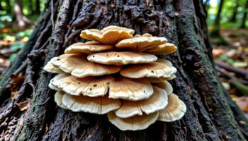 close up view of fan shaped oyster mushrooms layered on a decaying tree trunk in a shadowy glade. photo