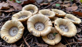 close up view of a patch of earthstars partially opened on the forest floor, revealing their dusty inner cores. photo