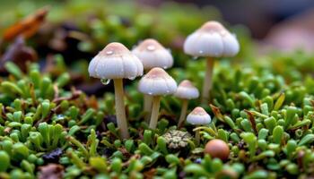 close up view of tiny button mushrooms emerging from a bed of emerald moss with droplets of dew on their smooth caps. photo