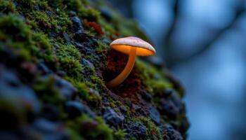 close up view of a single luminous mushroom growing from the side of a mossy boulder in twilight. photo