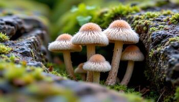 close up view of fuzzy stemmed mushrooms standing tall in a crevice lined with soft, green moss. photo