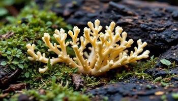 close up view of coral fungi branching out like underwater structures, growing amidst moss and bark. photo