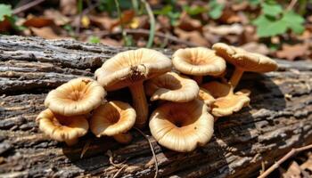 close up view of dried mushrooms clinging to sun bleached logs in late summer. photo