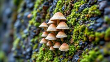 close up view of mushrooms growing alongside emerald green moss on the side of a cliff. photo