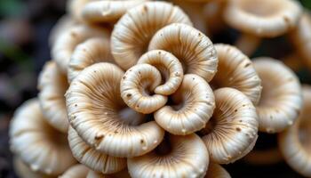close up view of mushrooms curled around one another like petals of a flower. photo
