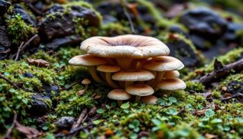 close up view of a mushroom colony growing in harmony with moss and liverworts in a moist ravine. photo