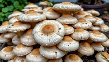 close up view of mushrooms growing tightly together in a cluster of overlapping caps. photo