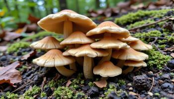 close up view of mushrooms with caps layered like shingles on a forest step. photo