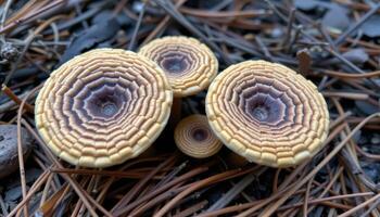 close up view of fungi with intricate cap patterns growing among curled bark and pine needles. photo