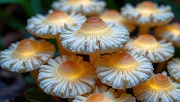 close up view of mushrooms with scalloped, seashell like caps and faint bioluminescence. photo