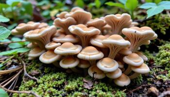 close up view of mushrooms resembling coral, growing densely in a moist, tropical underbrush. photo