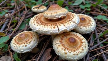 close up view of mushrooms with spotted, textured caps growing in thick underbrush. photo