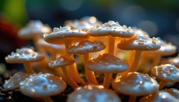 close up view of mushrooms reflecting light like glass, forming a magical cluster. photo