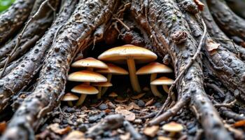 close up view of mushrooms forming a natural arch beneath the twisted roots of a tree. photo