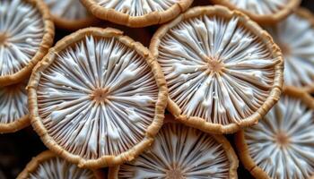 close up view of mushrooms with snowflake like textures on their gills. photo