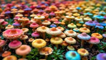 close up view of mushrooms in every color of the rainbow carpeting the forest floor. photo