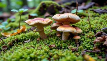 close up view of fungi bursting through a carpet of vibrant green moss in the heart of the forest. photo