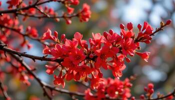 close up view of flame of the forest blossoms lighting up the branches in intense scarlet. photo
