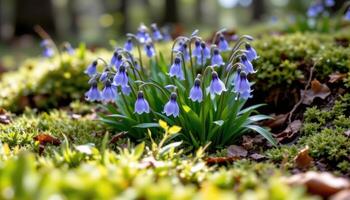 close up view of a cluster of bluebells nestled in a mossy forest floor with filtered light. photo