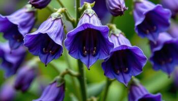 close up view of monkshood flowers blooming in deep indigo with hooded petals. photo
