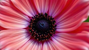 close up view of a single anemone bloom with deep black center surrounded by silky petals. photo