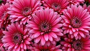 close up view of deep red chrysanthemums with tightly packed petals fanning out in dense, circular patterns. photo