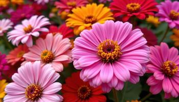 close up view of a zinnia garden in peak summer, showcasing an array of bold colors and neatly layered petals. photo