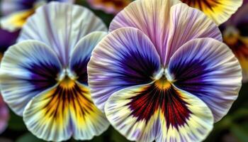 close up view of pansies with velvety petals painted with intricate color patterns. photo