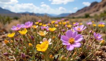 close up view of small desert wildflowers blooming briefly after seasonal rains. photo