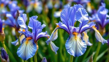 close up view of dutch iris blossoms with slender, elegant petals in vivid blue and yellow. photo