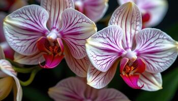close up view of orchids with complex patterns and vibrant shades set against a dark green background. photo