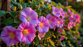 close up view of morning glories climbing along a trellis, their petals glowing in the early dawn. photo