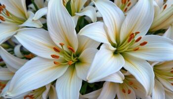 close up view of fresh lilies with long, elegant petals and vibrant orange stamens. photo