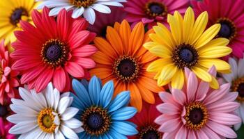 close up view of strawflowers with papery textures blooming in a rainbow of colors. photo