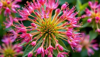 close up view of bee balm flowers with firework like blooms radiating in every direction. photo